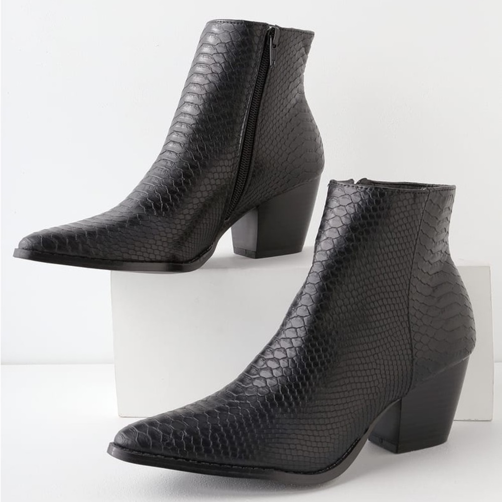 Spirit Black Snake Pointed Toe Ankle Booties